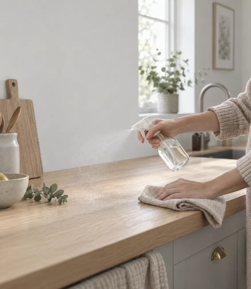 Hands misting a light oak countertop in a bright Nordic kitchen