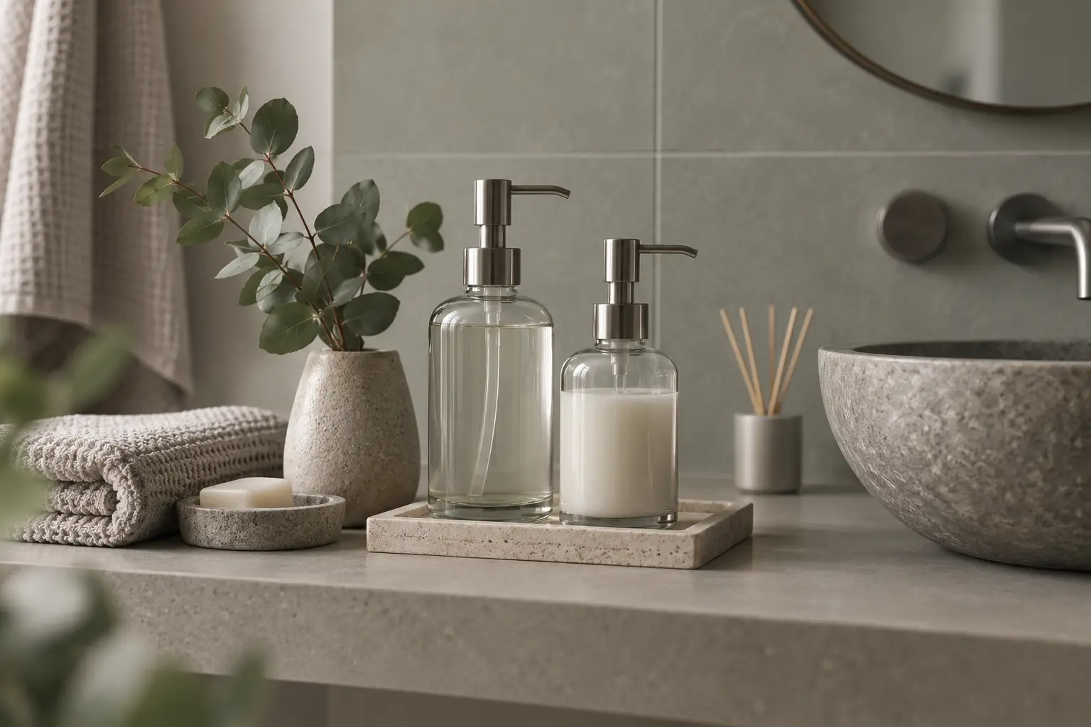 Minimal bathroom shelf with refillable glass bottles