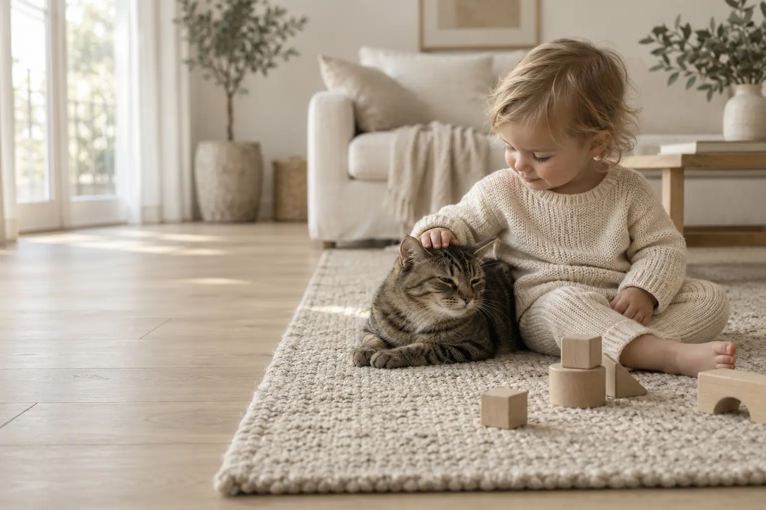 Child and cat playing safely on a bright living room floor